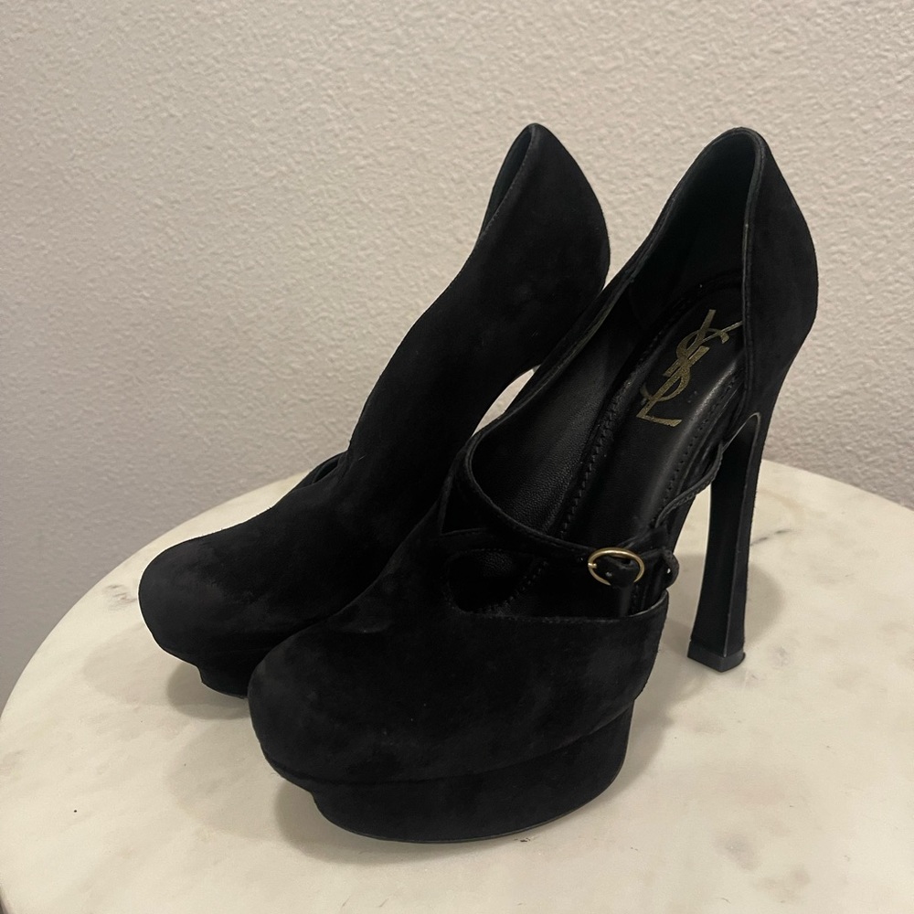 YSL Saint Laurent Black Suede Buckle Cut-Out Maryjane Platform Pumps - Picture 7 of 12